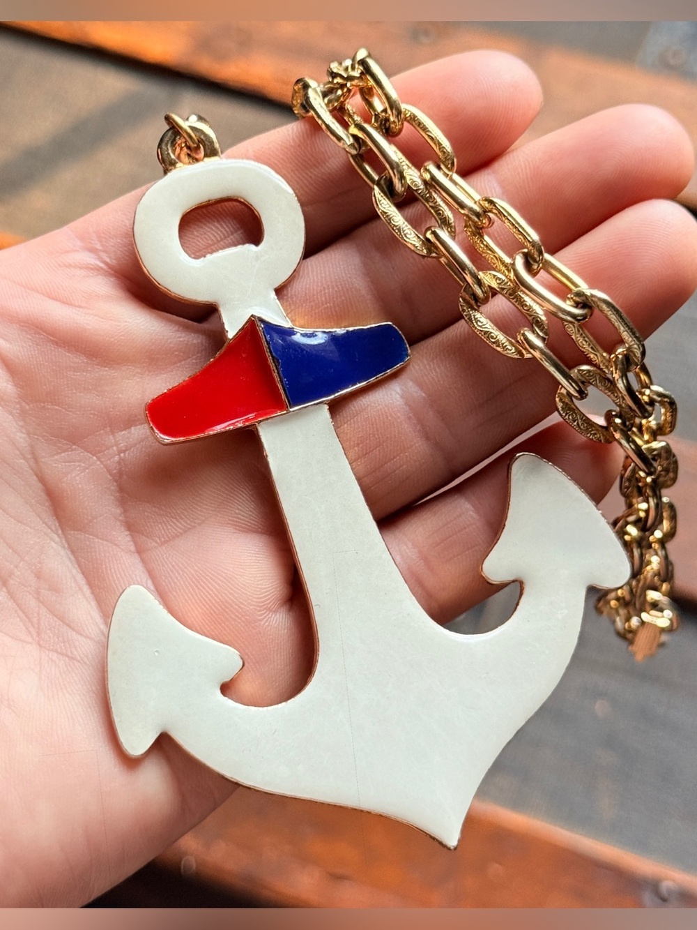 Vintage ART Enamel & Gold Tone Anchor Pendant Necklace; Red White & Blue; 1960’s